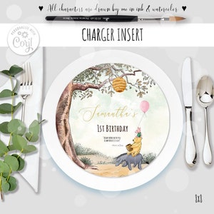 Prato de carregador clássico editável Winnie the Pooh, menina de aniversário Paty, decoração digital, design de madeira de cem acres 0001 HAW