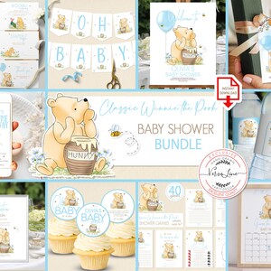 Ensemble modifiable classique pour baby shower sur le thème de Winnie l'ourson : faire-part, décoration de bienvenue, panneaux, et plus encore ! Motif fleur bleue 0001.7