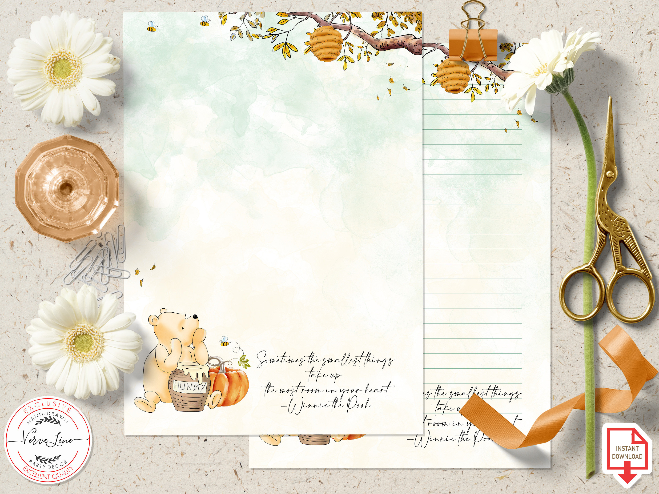 Classic Winnie the Pooh Autumn Printable Stationery Lined Unlined Paper ...