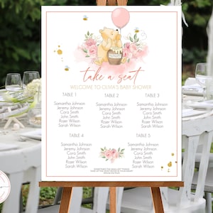 Bewerkbaar bord met tafelschikking voor een klassiek Winnie de Pooh-babyshower of verjaardagsfeestje | Roze ontwerp DIGITALE DOWNLOAD 0001.9
