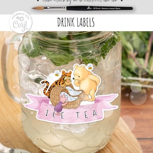 Etichette per bevande modificabili per feste di compleanno o baby shower per bambine a tema Winnie the Pooh / Etichette per bar Mimosa per caraffa di succo / Corjl 0001