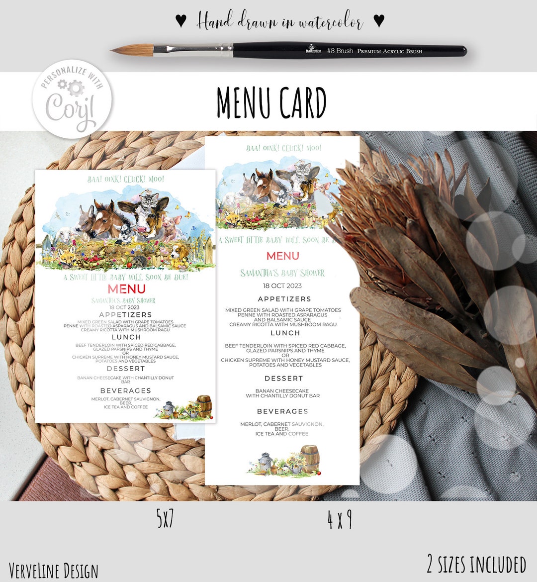 Editable Menu Card Farm Animals Barnyard Table Card Baby Shower ...