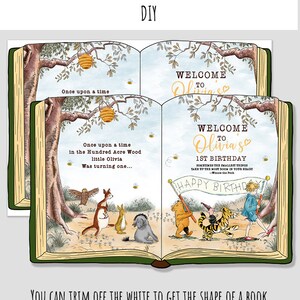 K&ouml;nnte beinhalten: Eine druckbare Einladung in Buchform zum 1. Geburtstag im Winnie-the-Pooh-Stil. Die Einladung zeigt eine Aquarell-Illustration von Winnie Puuh und seinen Freunden sowie den Text "Willkommen zu Olivias 1. Geburtstag".