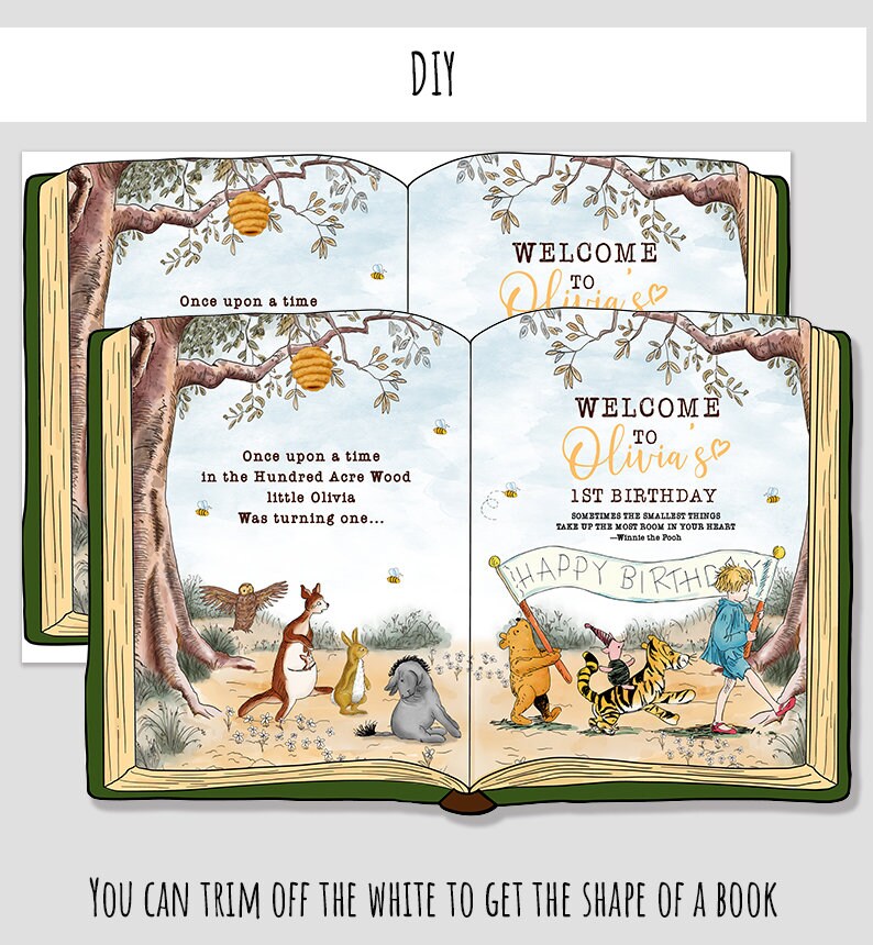 K&ouml;nnte beinhalten: Eine druckbare Einladung in Buchform zum 1. Geburtstag im Winnie-the-Pooh-Stil. Die Einladung zeigt eine Aquarell-Illustration von Winnie Puuh und seinen Freunden sowie den Text "Willkommen zu Olivias 1. Geburtstag".