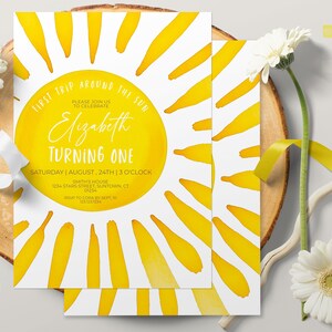 Invito modificabile 1° compleanno ragazzo ragazza primo viaggio intorno al sole compleanno boho acquerello disegnato a mano modello di design Corjl 0031