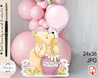 Cutout Decor Classic Winnie the Pooh with Pink Pot & Balloon Baby Shower | Birthday Party Cutout Prop | Stand Up Prop DIGITAL DOWNLOAD 0001