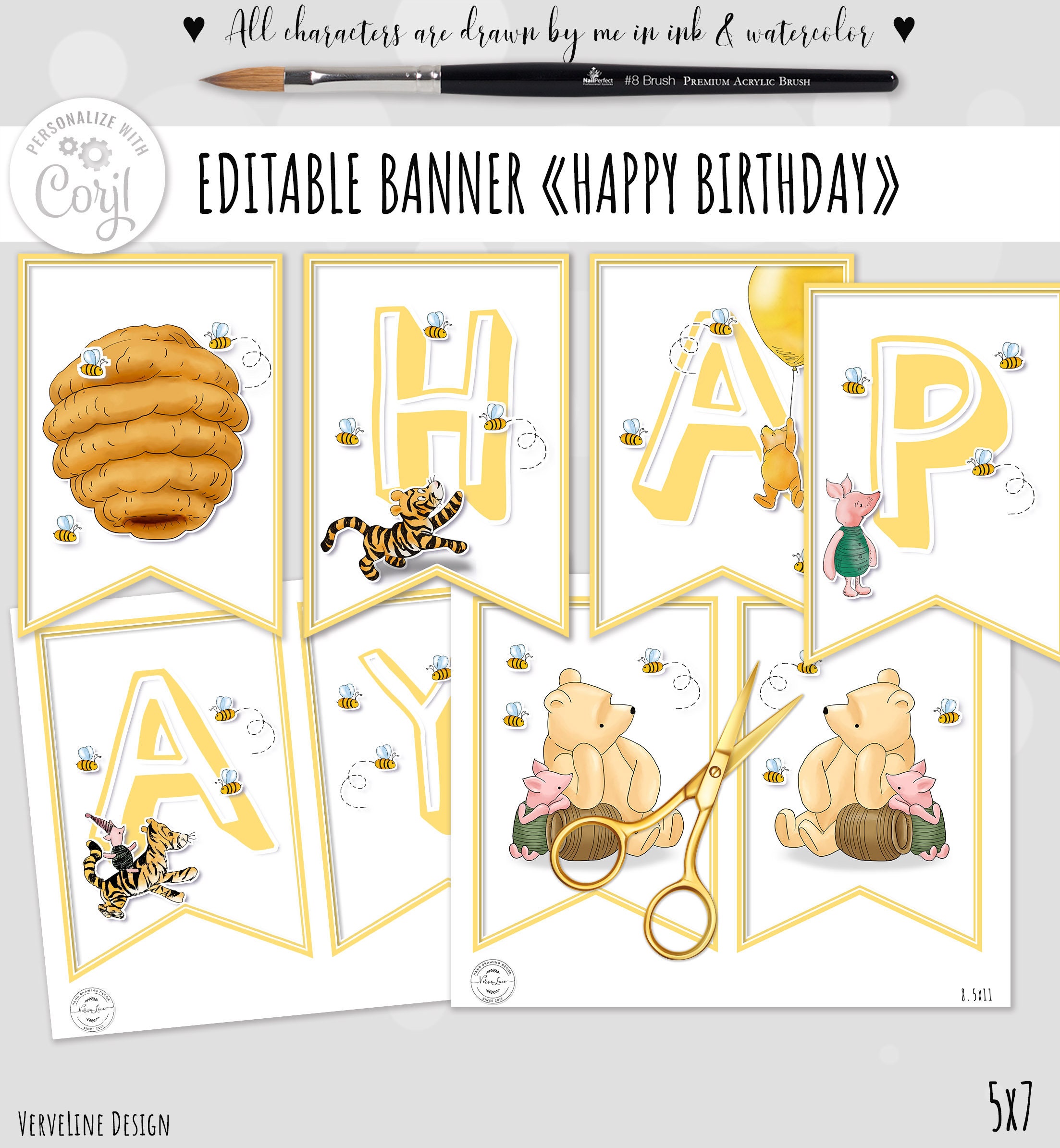 Cake Topper Classic Winnie the Pooh Baby Shower Oh Baby 5x7 Gold Glitter  effect design DIGITAL Download 0001