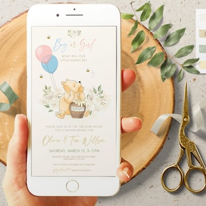 Invito elettronico modificabile Evite per un classico Winnie the Pooh Gender Reveal Maschio o Femmina Cosa sarà Baby Bee Fiori bianchi Design 0001.18