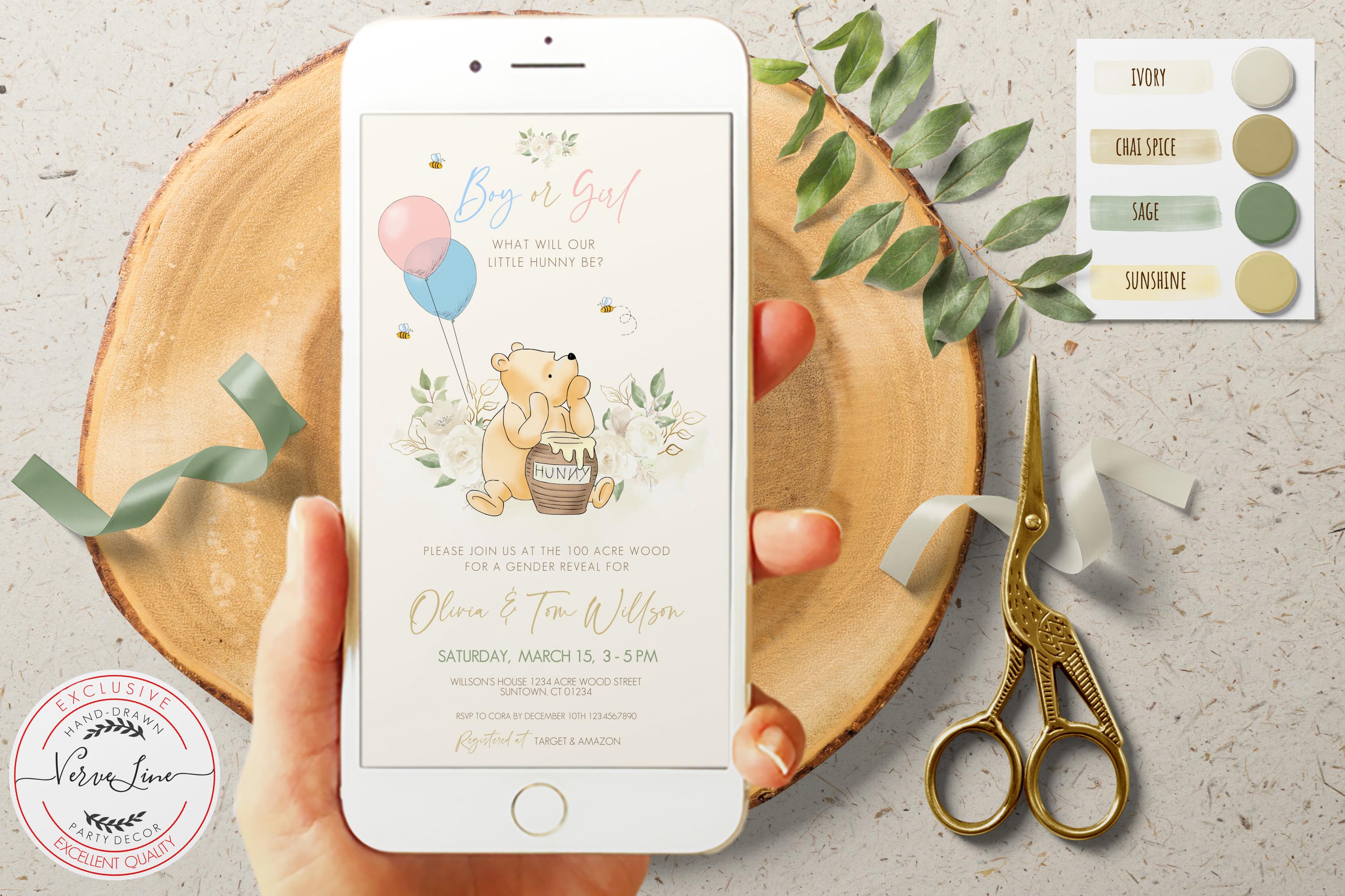 Editable Evite Electronic Invitation for a Classic Winnie the Pooh Gender Reveal Boy or Girl What Will Baby Bee White flowers Design 0001.18