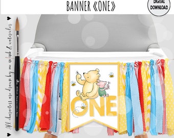 Banner ONE Classic Winnie the Pooh 1st Birthday Party High Chair ONE Banner #9 Big Flag Yellow Design DIY Digital 0001