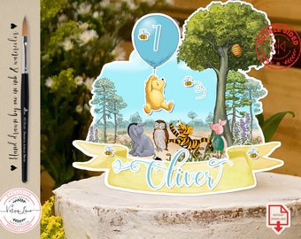 Editable Cake Topper Classic Winnie the Pooh with a blue balloon and friends Birthday Boy ANY Age Party Decor Centerpiece 0001 BB W2