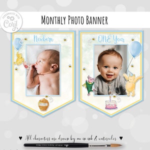Editable Big First Boy Birthday Monthly PHOTO Banner 13 months pictures Classic party decor Vintage sky design DIGITAL DOWNLOAD 0001VS