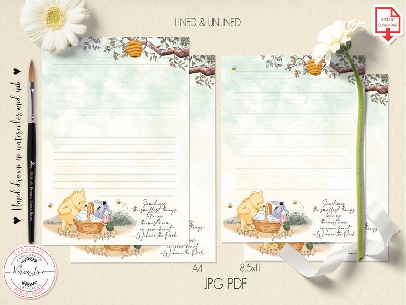 Classic Winnie the Pooh Printable Stationery Lined Unlined Paper ...