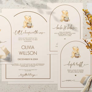 Set modificabile classico Winnie the Pooh Baby Shower Bundle #1: invito, biglietto di ringraziamento, richiesta di libro di lotteria dei pannolini, design minimalista 0001.17