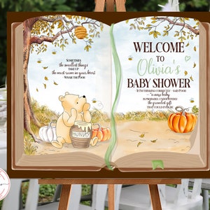 Editable Welcome sign Classic Winnie the Pooh Open Book Baby Shower Birthday Boy Girl Fall Hundred Acre Wood Autumn Template 0001.11