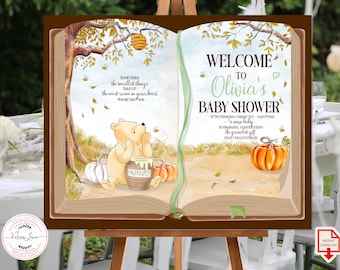 Editable Welcome sign Classic Winnie the Pooh Open Book Baby Shower Birthday Boy Girl Fall Hundred Acre Wood Autumn Template 0001.11