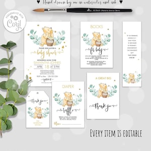 Set di pacchetti per baby shower Winnie the Pooh classico modificabile n. 6: invito, biglietto di ringraziamento, richiesta di libro per la lotteria dei pannolini, segnalibro, tag Corjl 0001 EB1