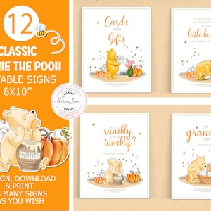 Set of 12 Editable Signs in Classic Winnie the Pooh style for an Autumn  Baby Shower | Table Signs  Fall Pumpkin Design Bundle | 0001.11