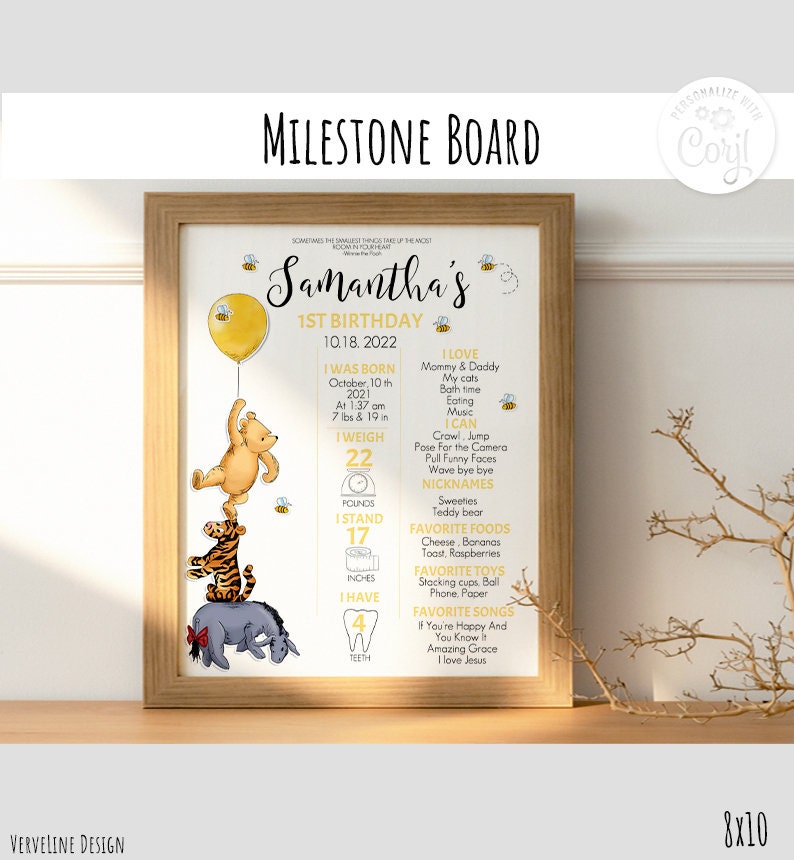 Editable Milestone Board Classic Winnie the Pooh 1st Birthday Boy Girl ...