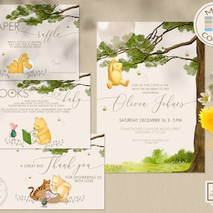 Baby Shower Bundle Set #3 Classico Winnie the Pooh Modificabile: Invito, Biglietto di ringraziamento, Lotteria dei pannolini, Richiesta di libri Corjl 0001S