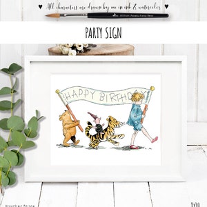 Party Sign Winnie the Pooh and Christopher hold Banner Happy Birthday, Baby Shower|Birthday Party Sign Table Sign Hand drawn 0001 BB BG