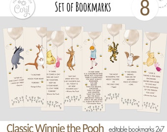 Lesezeichen Set von 8 mit Zitaten für eine Babyparty oder Geburtstagsfeier im klassischen Winnie Puuh Stil | Süßes Design | Digitaler Download 0001S