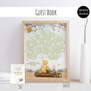 Guest Book Classic Winnie the Pooh Baby Shower Party with 50 Sage Green Balloons Signature Poster Digital Download 0001 HAW