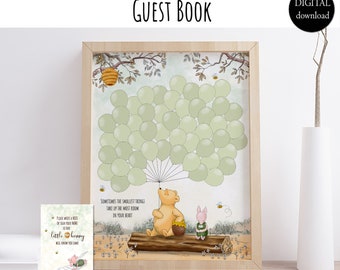 May include: A framed guest book with a Winnie the Pooh theme. The artwork features Pooh Bear, Piglet, and balloons. The text reads "GUEST BOOK" and "DIGITAL download". A smaller card reads "Please write a note or sign your name so our little hummy will know you came".