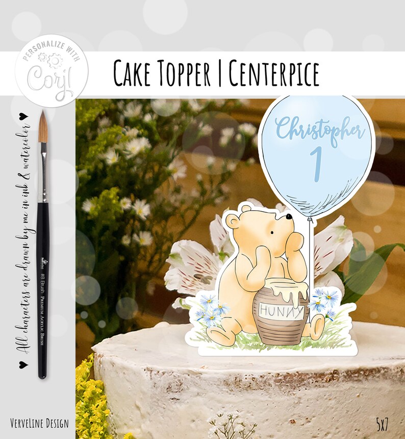 May include: Winnie the Pooh cake topper with a blue balloon that says "Christopher 1" and a honey pot that says "Hunky".