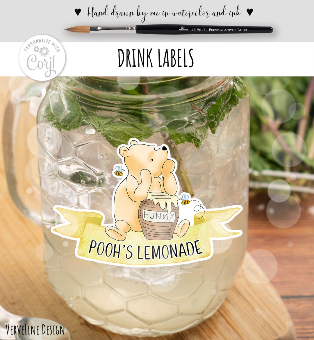 Editable Drink Labels for Winnie the Pooh Themed Birthday or Baby