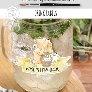 Etichette per bevande modificabili per feste di compleanno o baby shower a tema Winnie the Pooh / Etichette per bar Mimosa per caraffa di succo / Corjl 0001