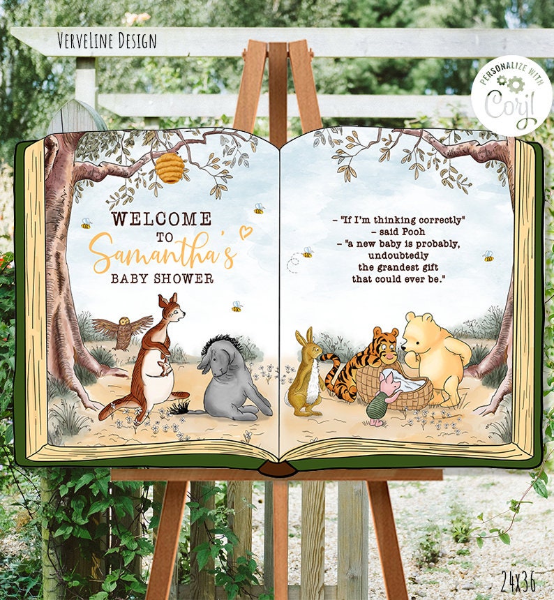 Op de afbeelding: Een Winnie de Poeh-thema baby shower welkomstbord met een groen boekontwerp. Het bord bevat een citaat van Winnie de Poeh: "Als ik het goed begrijp - zei Winnie - een nieuwe baby is waarschijnlijk, zonder twijfel het mooiste cadeau dat je kunt krijgen." Het bord bevat ook een welkomstboodschap: "Welkom op de baby shower van Samantha".