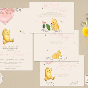 Set Baby Shower Classico Winnie the Pooh Modificabile: Invito, Biglietto di Ringraziamento, Lotteria Pannolini, Richiesta Libro Palloncino Rosa Pooh 0001S