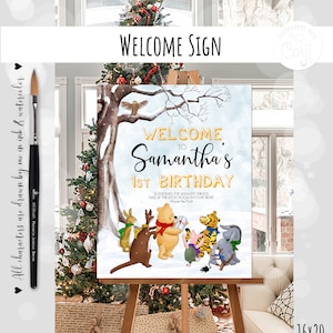 Editable Welcome sign Classic Winnie the Pooh Winter Birthday Boy Girl ANY AGE #35 Hundred Acre Wood Design Digital Template 16x20 0001.16