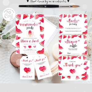 Set di design modificabile Baby Shower Red Watermelon #2: invito, biglietto di ringraziamento, lotteria dei pannolini, richiesta di libri, tag Corjl 0025