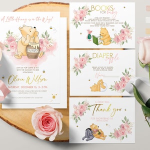 Set modificabile classico Winnie the Pooh Baby Shower Bundle #1: invito, biglietto di ringraziamento, richiesta di libro di lotteria dei pannolini, fiore rosa, oro 0001.9