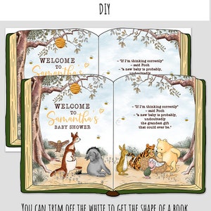 Op de afbeelding: Een printbare Winnie de Poeh-thema baby shower uitnodiging. De uitnodiging toont een boek met een Winnie de Poeh-illustratie op de voorkant. De tekst op de uitnodiging luidt "Welkom op Samantha's Baby Shower".