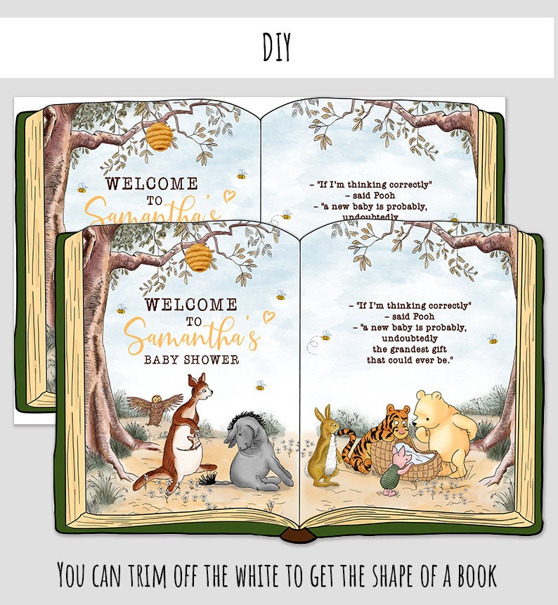 Op de afbeelding: Een printbare Winnie de Poeh-thema baby shower uitnodiging. De uitnodiging toont een boek met een Winnie de Poeh-illustratie op de voorkant. De tekst op de uitnodiging luidt "Welkom op Samantha's Baby Shower".