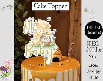 Cake Topper Classic Winnie the Pooh Baby Shower Oh Baby 5x7" Gold Glitter effect design DIGITAL Download 0001