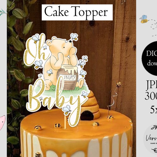 Cake Topper Classic Winnie the Pooh Baby Shower Oh Baby 5x7" Gold Glitter effect design DIGITAL Download 0001