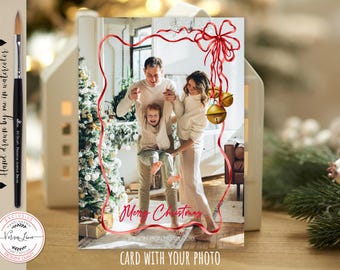 Editable Christmas Holiday Photo overlay Card Hand drawn Art Merry Christmas Card with your Photo Card Watercolor Red ribbon Bow Bells 0024