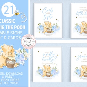Ensemble modifiable de 21 panneaux et cartes Baby Shower Winnie l'ourson | Plaque de table de fête d'anniversaire modèle de conception fleur bleue corjl 0001.10
