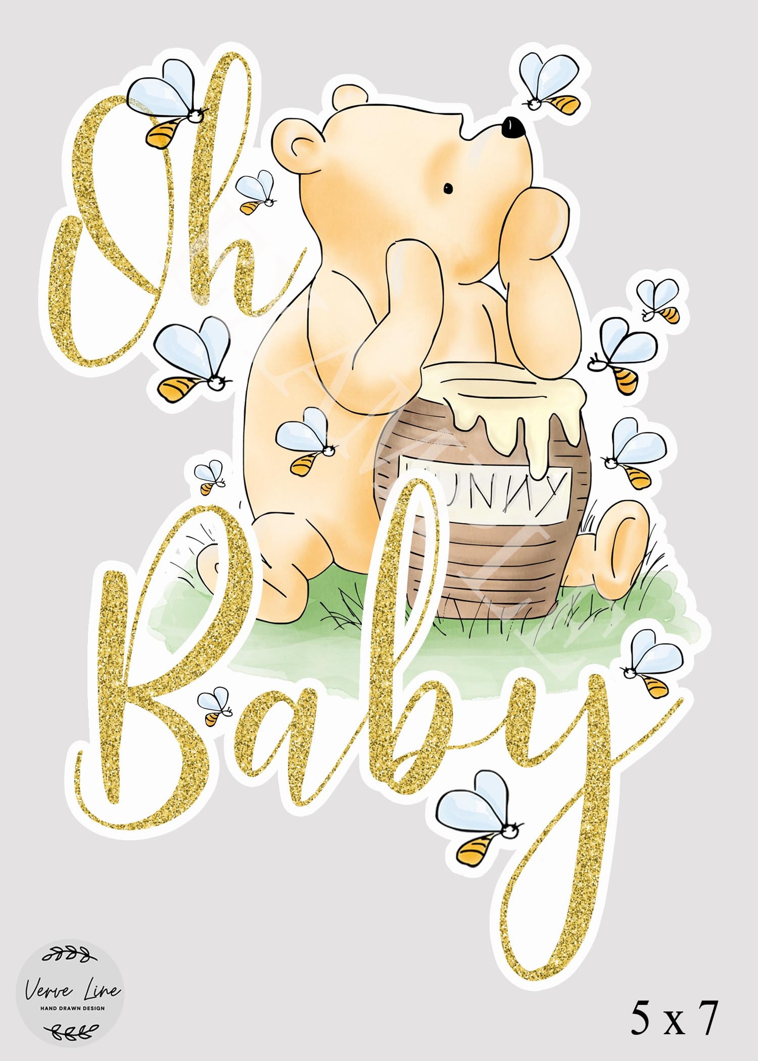 Cake Topper Classic Winnie the Pooh Baby Shower Oh Baby 5x7 Gold Glitter  effect design DIGITAL Download 0001