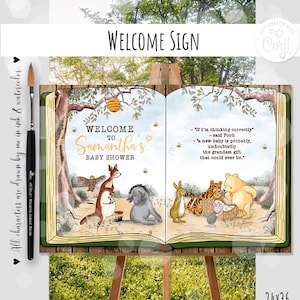 Op de afbeelding: Welkom bord voor een babyshower met een Winnie de Poeh thema. Het bord toont een boek met illustraties van Winnie de Poeh en zijn vrienden, samen met de tekst "Welkom op Samantha's babyshower".