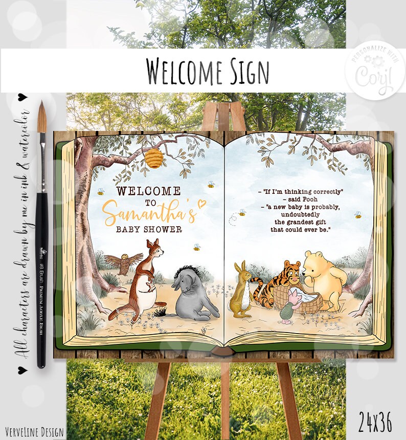 Op de afbeelding: Welkom bord voor een babyshower met een Winnie de Poeh thema. Het bord toont een boek met illustraties van Winnie de Poeh en zijn vrienden, samen met de tekst "Welkom op Samantha's babyshower".