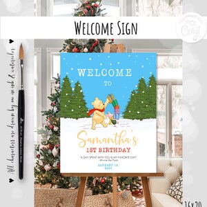 Editable Welcome sign Classic Winnie the Pooh Birthday Boy Girl ANY AGE Party Winter Hundred Acre Wood Design Template  0001.16