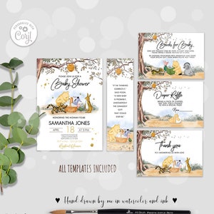 Set modificabile classico Winnie the Pooh Baby Shower Bundle #8: invito, biglietto di ringraziamento, lotteria dei pannolini, richiesta di libri, segnalibro Corjl 0001
