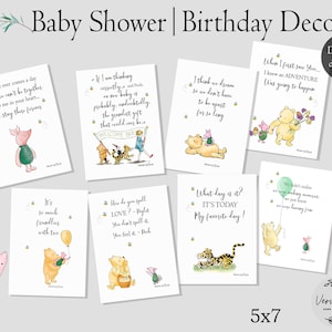 May include: A set of ten printable Winnie the Pooh themed baby shower or birthday decorations. The cards feature Winnie the Pooh and Piglet with various quotes about friendship, love, and adventure. The cards are 5x7 inches and are available as a digital download.