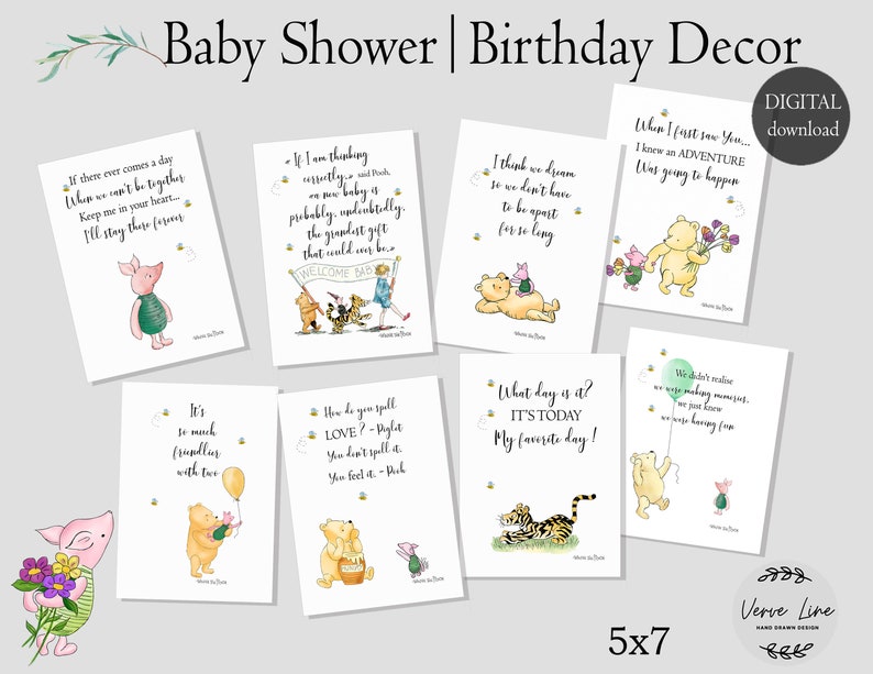 May include: A set of ten printable Winnie the Pooh themed baby shower or birthday decorations. The cards feature Winnie the Pooh and Piglet with various quotes about friendship, love, and adventure. The cards are 5x7 inches and are available as a digital download.