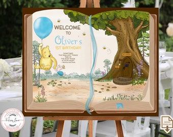Panneau de bienvenue modifiable classique Winnie l'ourson à livre ouvert, garçon d'anniversaire de tout âge | Décoration de fête prénatale, 100 acres en bois, 0001 W2